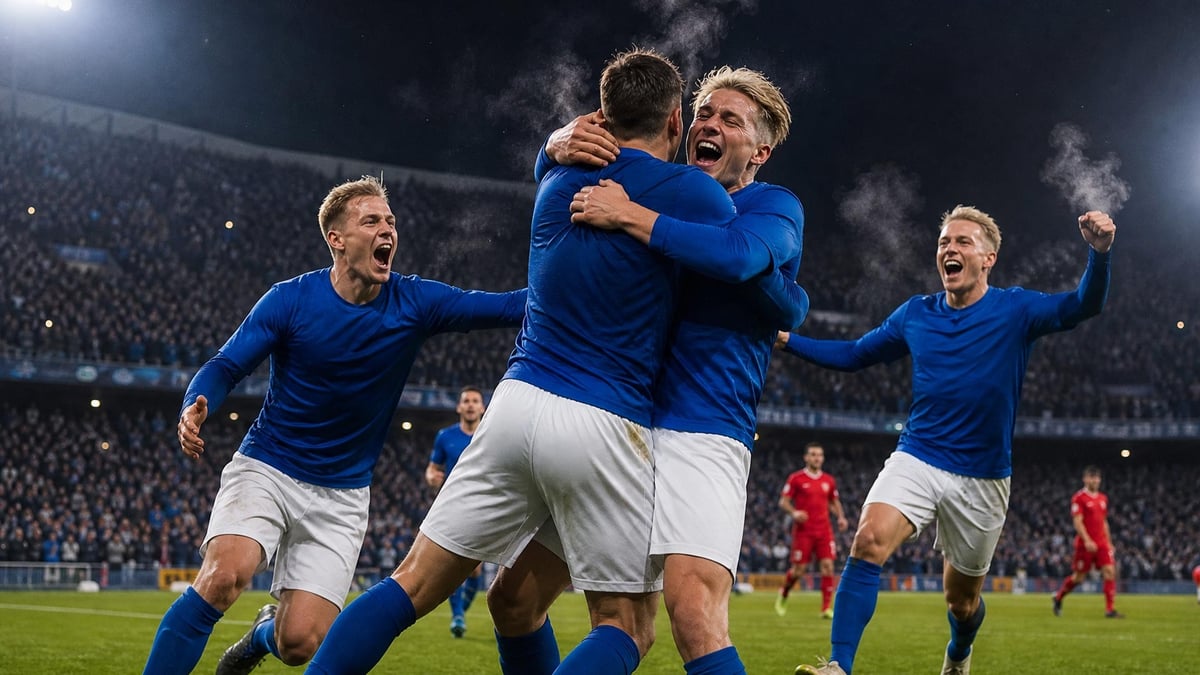 Suomen maajoukkueen pelaajat juhlivat maalia stadionilla.