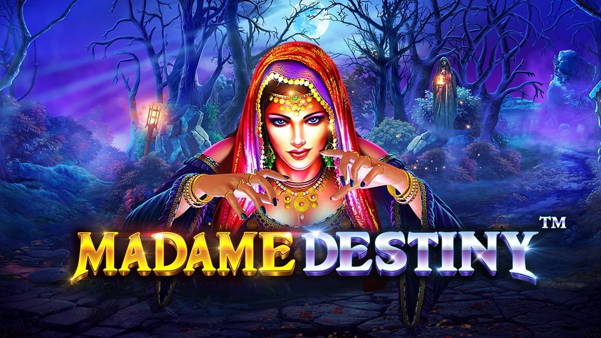 Madame Destiny -kolikkopeli, mystinen ennustaja pimeässä metsässä tarot- ja kohtaloteemalla.