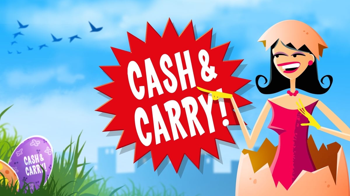 Cash & Carry -kolikkopeli pääsiäisteemalla, hahmo munankuoresta ja punainen Cash & Carry -logo.