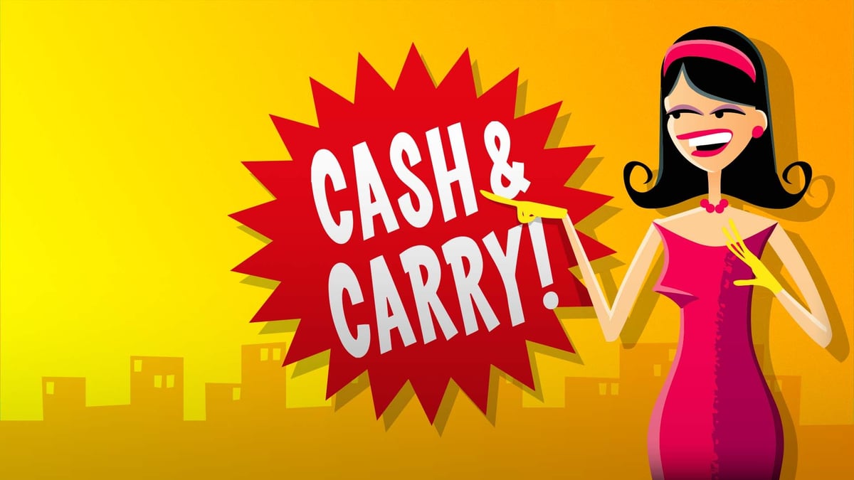 Cash & Carry slot-style illustration featuring a stylized woman pointing at a red “Cash & Carry!” burst, representing big instant wins and jackpot potential with Lucky Drop