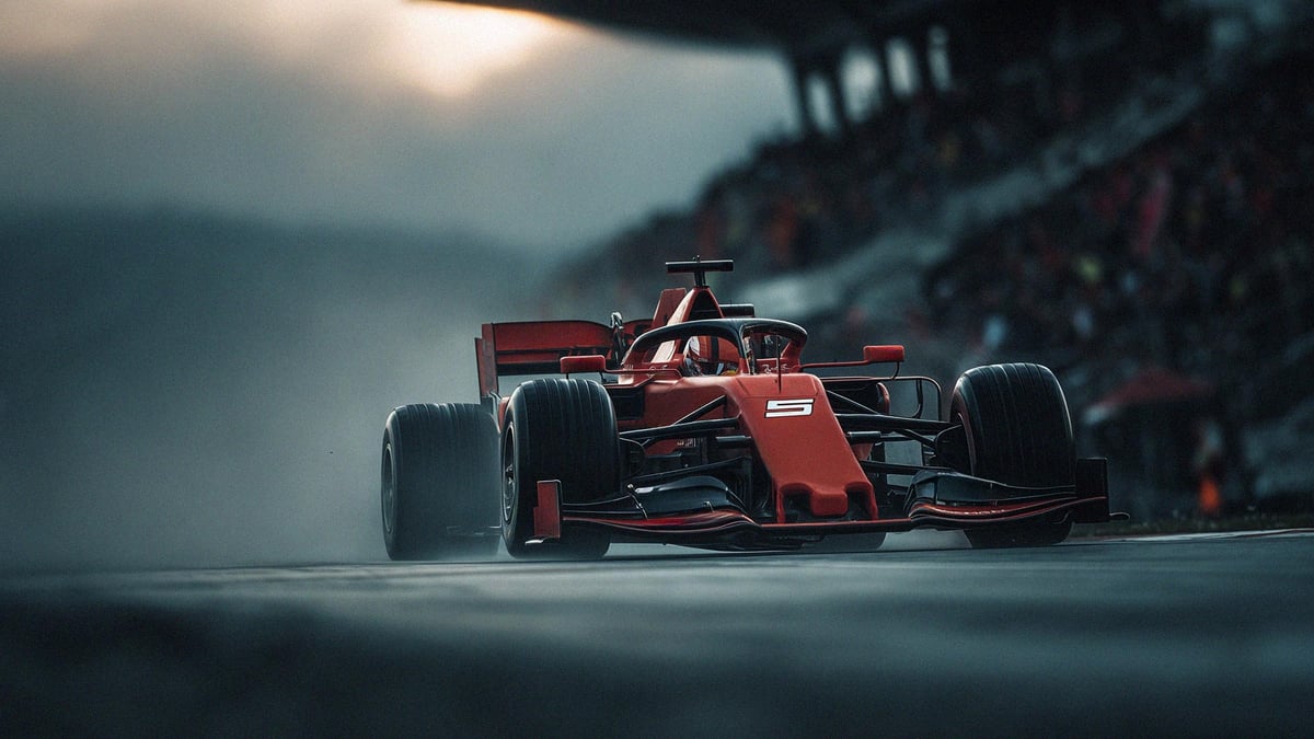 Formula 1 -auto radalla vauhdissa, kuljettaja kiihdyttämässä märällä asfaltilla kilpailutilanteessa.