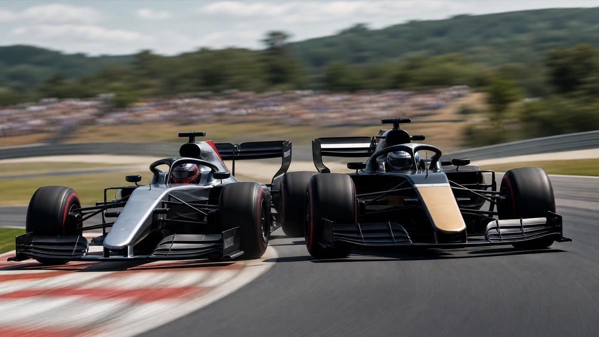 Tasainen taistelu kahden F1-auton välillä.