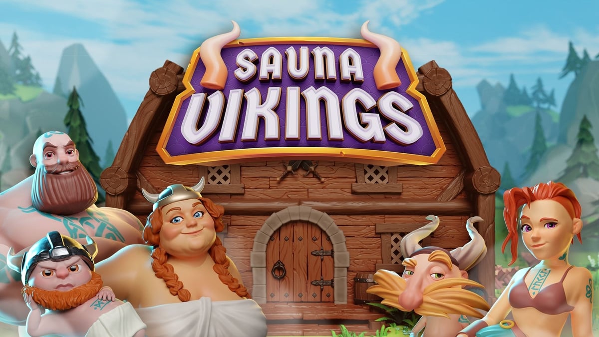 Sauna Vikings -kolikkopeli Pafin pelistudiolta, viikinkihahmot saunan edessä