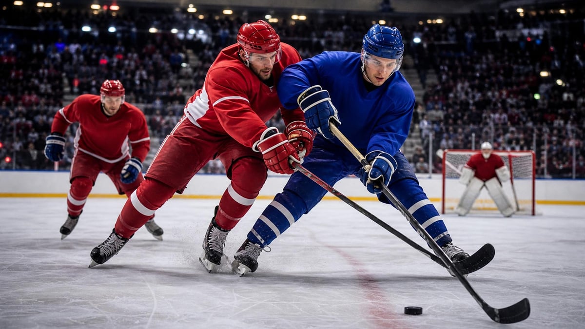 Kaksi NHL-pelaajaa kamppailee kiekosta.