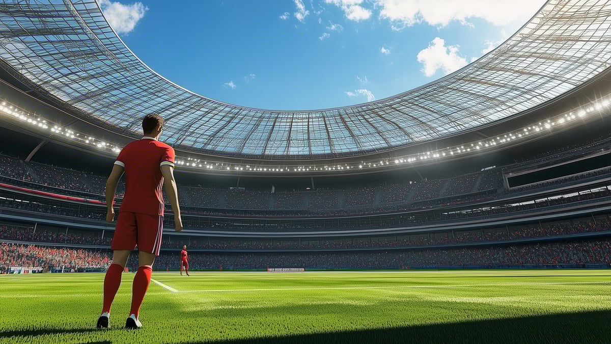 Jalkapallopelaaja seisoo tyhällä stadionilla.