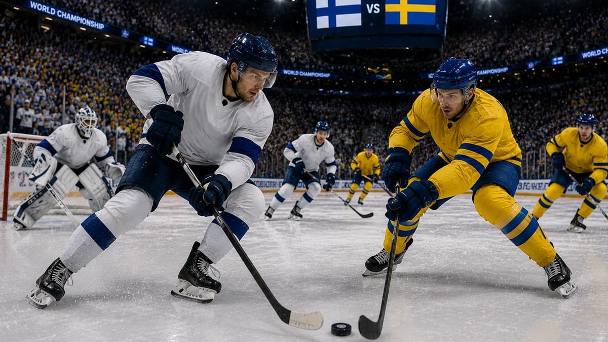 Suomi ja Ruotsi kamppailevat kiekosta jääkiekon MM-ottelussa