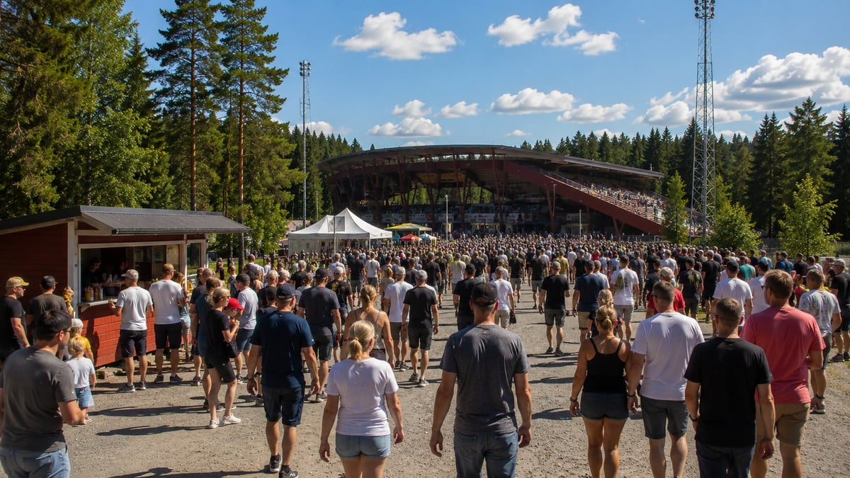 Faneja saapumassa pesäpallostadionille kesäpäivänä