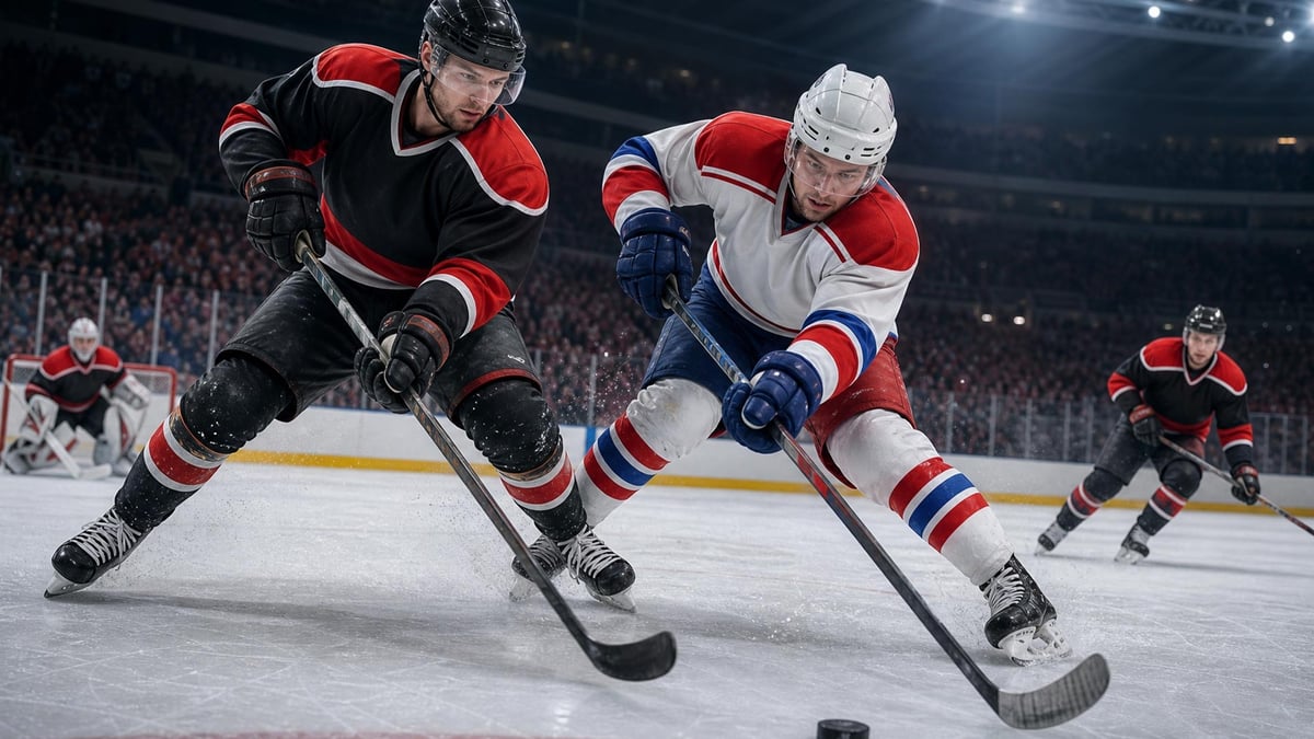 Suomalainen ja kanadalainen jääkiekkoilija kamppailevat kiekosta NHL:n pudotuspelissä.