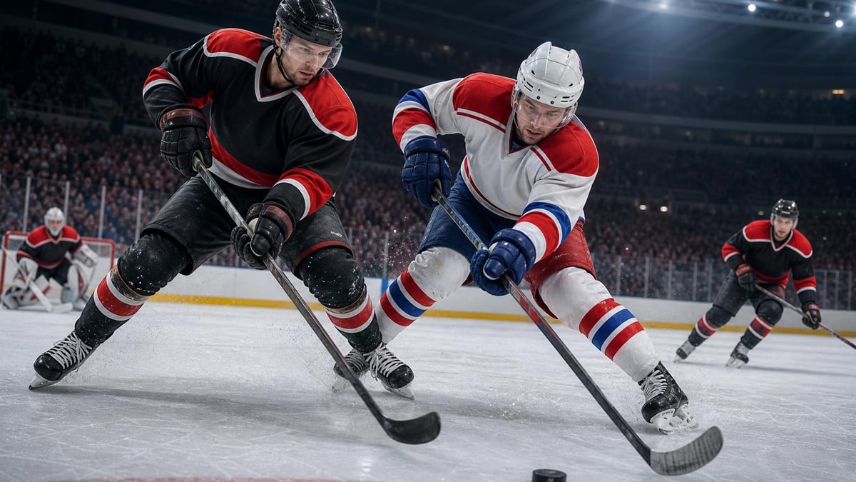 Suomalainen ja kanadalainen jääkiekkoilija kamppailevat kiekosta NHL:n pudotuspelissä.