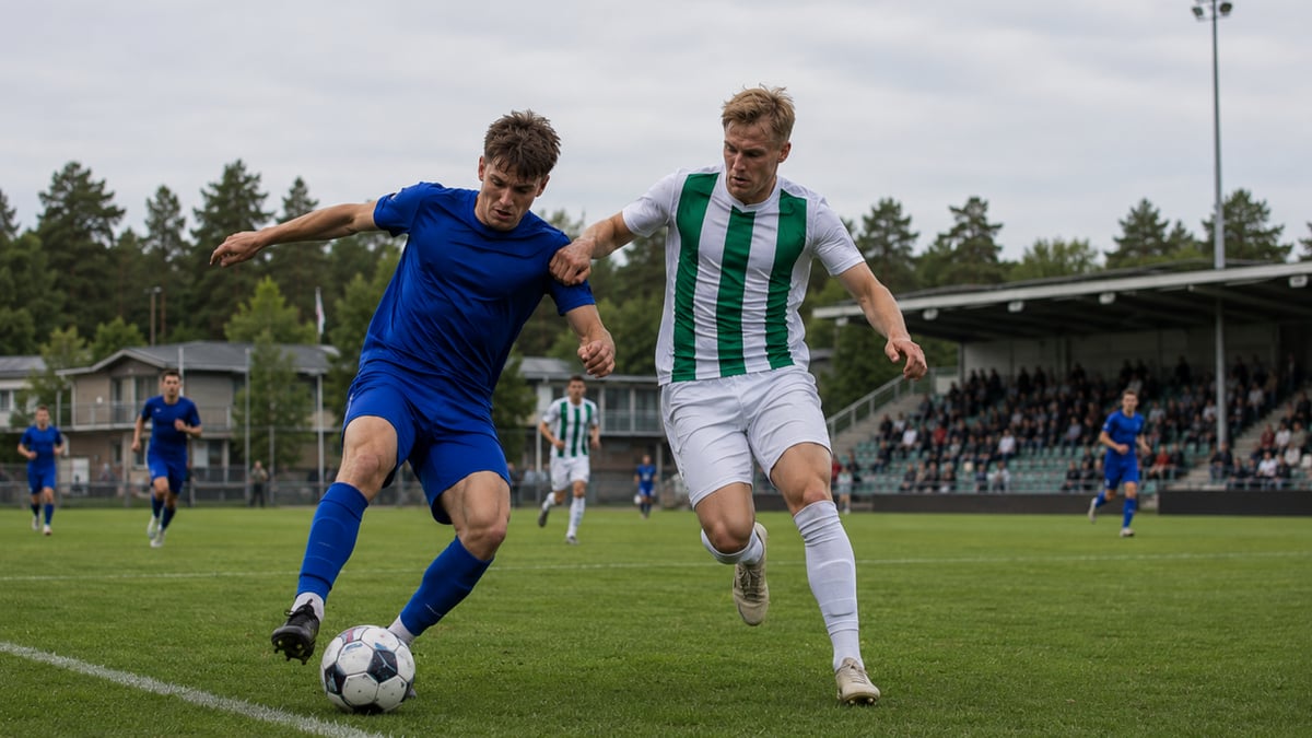 Kaksi jalkapalloilijaa kamppailevat pallosta täyteen ahdetulla stadionilla.
