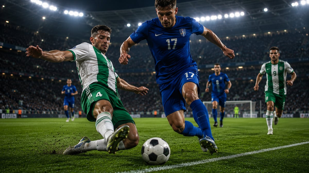 Kaksi jalkapalloilijaa kamppailevat pallosta täyteen ahdetulla stadionilla.