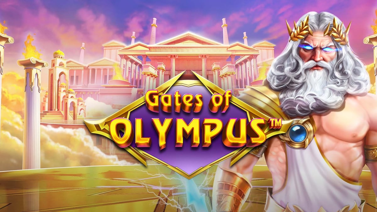 Gates of Olympus -kolikkopeli, Zeus-hahmo ja kreikkalaismytologinen temppeli taustalla