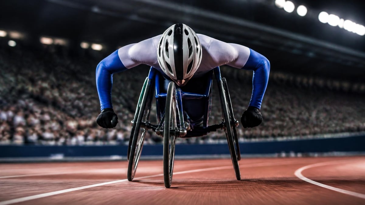 Paralympiaurheilija kilpailupyörätuolissa täydessä vauhdissa yleisurheiluradaslla.