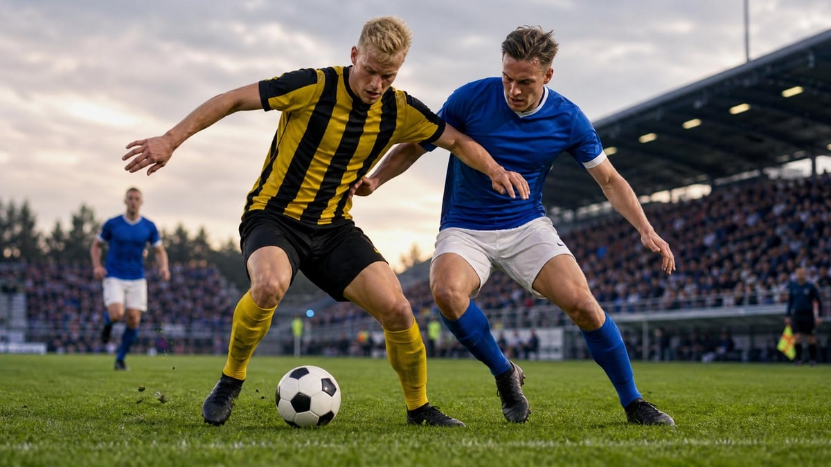 Kaksi jalkapalloilijaa taistelee pallosta täydellä stadionilla.