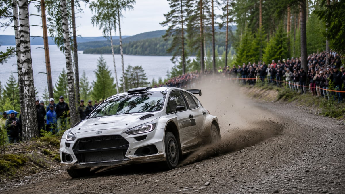 Ralliauto ajaa soratiellä metsämaisemissa yleisön seuratessa erikoiskoetta tien varrella.