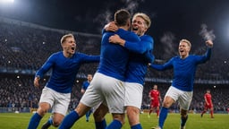 Suomen maajoukkueen pelaajat juhlivat maalia stadionilla.