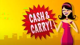 Cash & Carry slot-style illustration featuring a stylized woman pointing at a red “Cash & Carry!” burst, representing big instant wins and jackpot potential with Lucky Drop