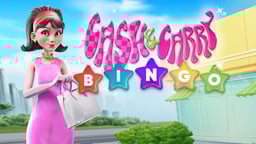 Cash & Carry Bingo -peli, hahmo ostoskassien kanssa ja värikäs bingo-teema