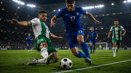 Kaksi jalkapalloilijaa kamppailevat pallosta täyteen ahdetulla stadionilla.