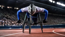Paralympiaurheilija kilpailupyörätuolissa täydessä vauhdissa yleisurheiluradaslla.